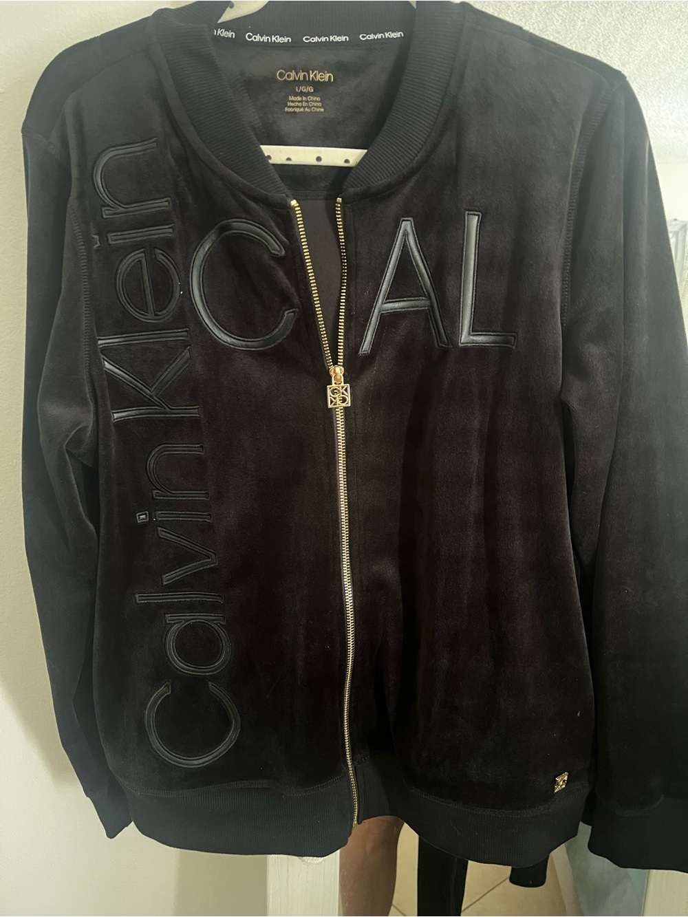 Calvin Klein Black Velvet Logo Bomber Jacket with Gold Zip